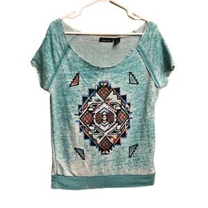 Sweater Project Light Aqua Blue Aztec Short Sleeve Oversized Blouse Size XL